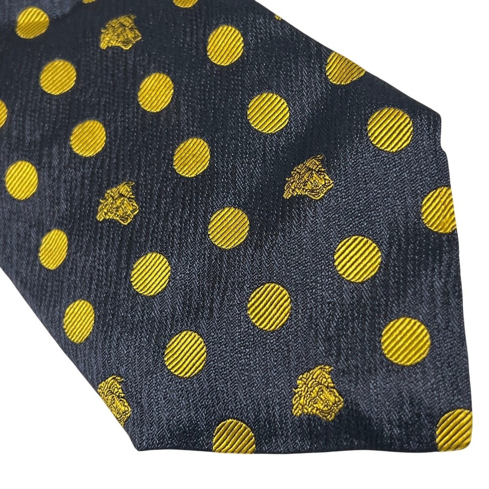 Versace Necktie Mens OS Navy Blue Gold Polka Dot Medusa Head Silk Made in Italy - Picture 12 of 12